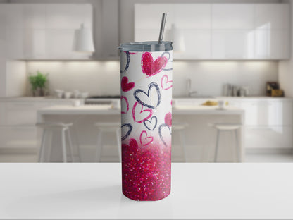 Hearts and Glitter 20oz Tumbler with Straw